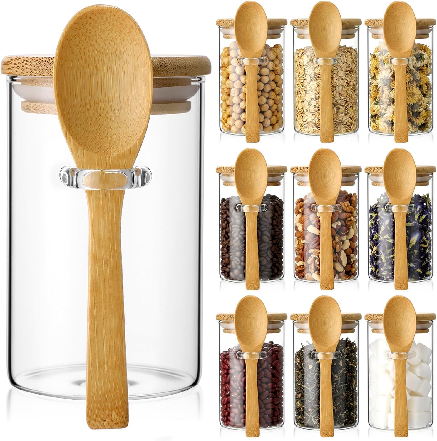 Food Storage Set Glass - 10 Pack Glass Jars with Bamboo
