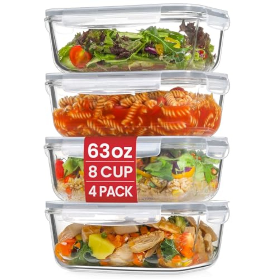 Food Storage Glass Containers - 4 Pack 8 Cups/ 63oz Large