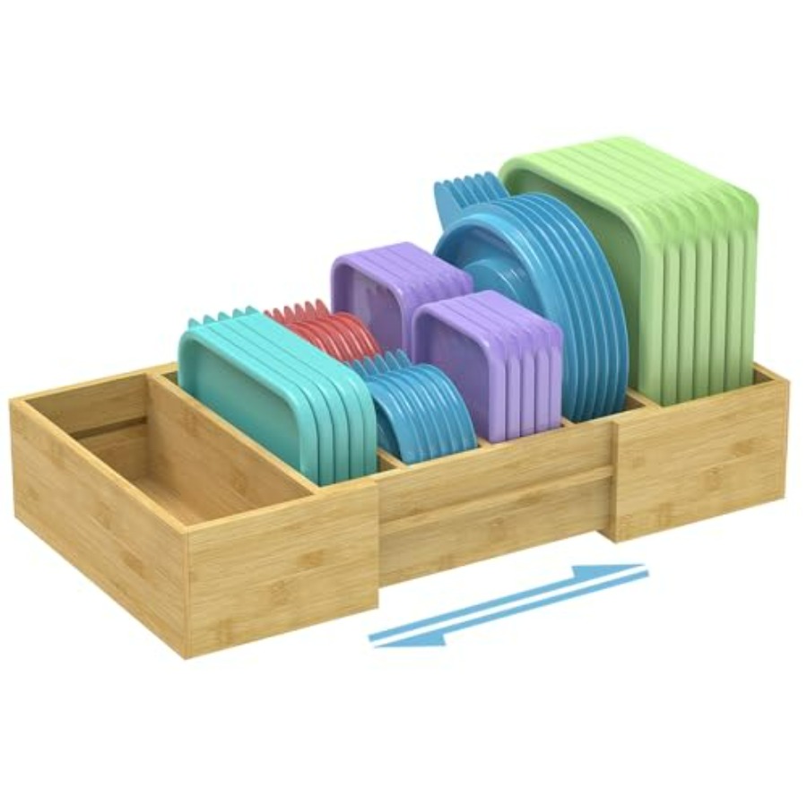 Food Storage Cabinet For Kitchen - Lid Organizer for Cabinet, Bamboo Expandable