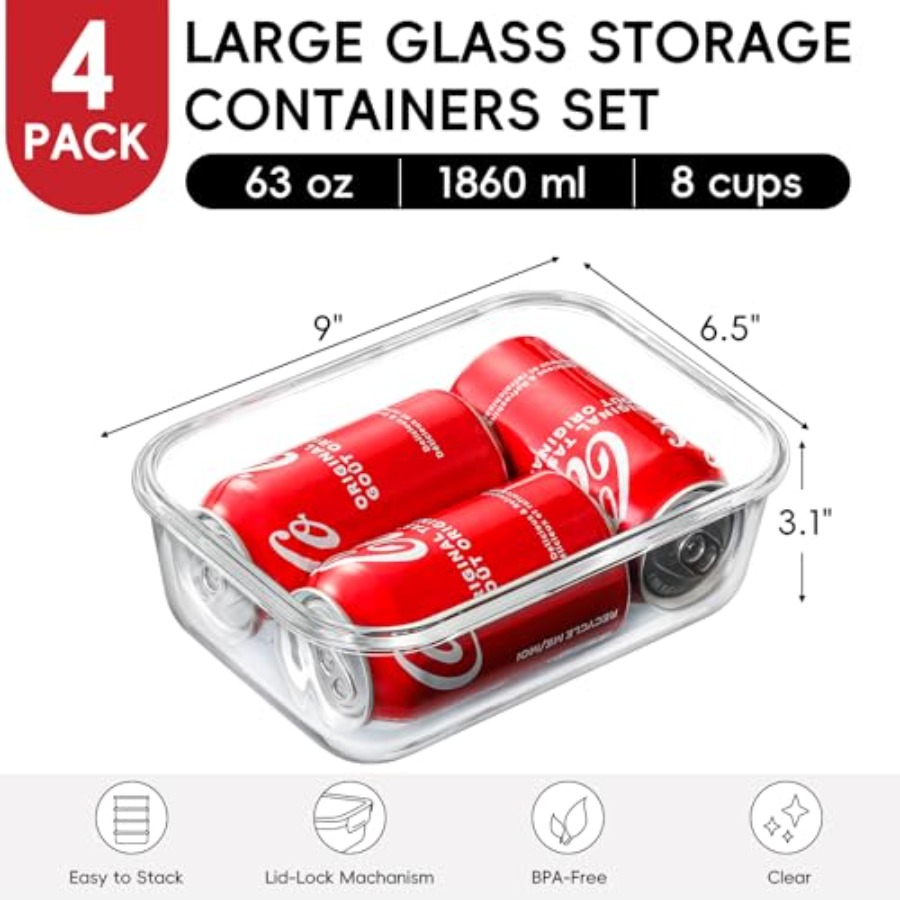 4 Pack 8 Cups/ 63oz Large Glas - Food Storage Glass Containers reseña y precio