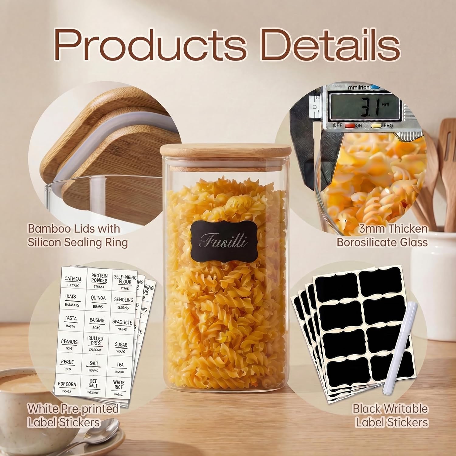 Square Glass Jars with Bamboo  - Food Storage Set Glass reseña y precio